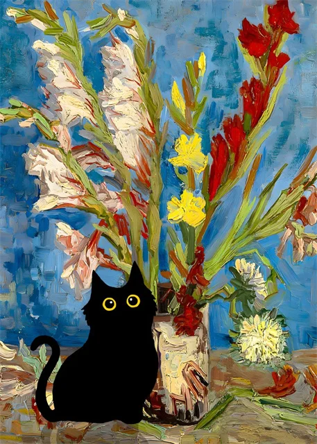 Van Gogh & Monet Inspired Cat Canvas: Starry Night and Sunflowers Wall Art