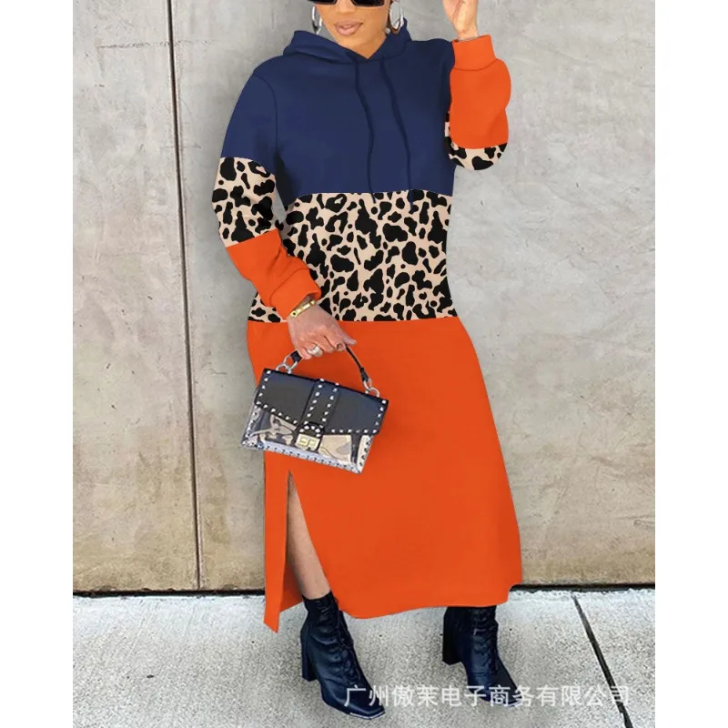 

2023 Spring Summer New Women's Clothing Stitching Contrast Color Hooded Sweater Dress Comfortable All-Matching Dress