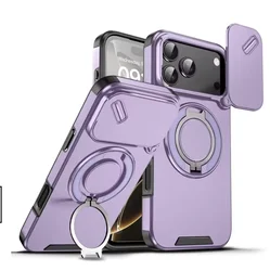 Armor Shockproof Magnetic Ring Stand Holder Phone Case with Orange Camera Flip Protection Cover - iPhone 17 Pro (PURPLE)