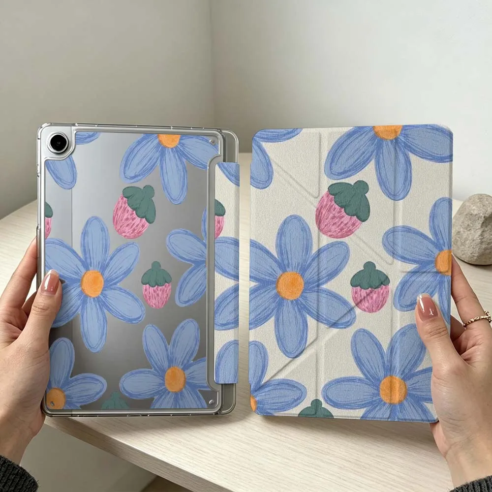Cartoon Blue Flower Strawberry Soft Foldable Tablet Case