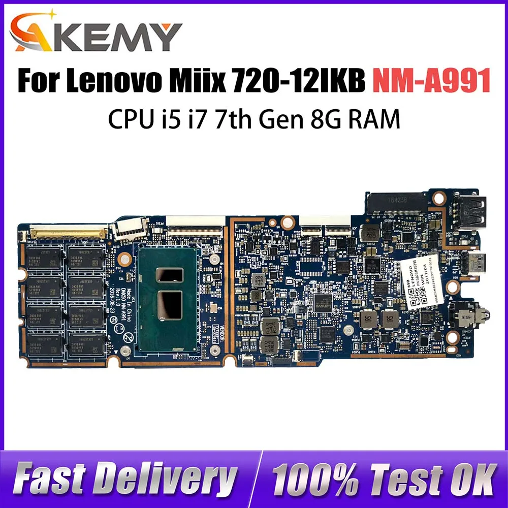 NM-A991 5B20M65428 For Lenovo ideapad Miix 720-12IKB Tablet Laptop Motherboard With i5 i7 7th Gen CPU 8GB RAM