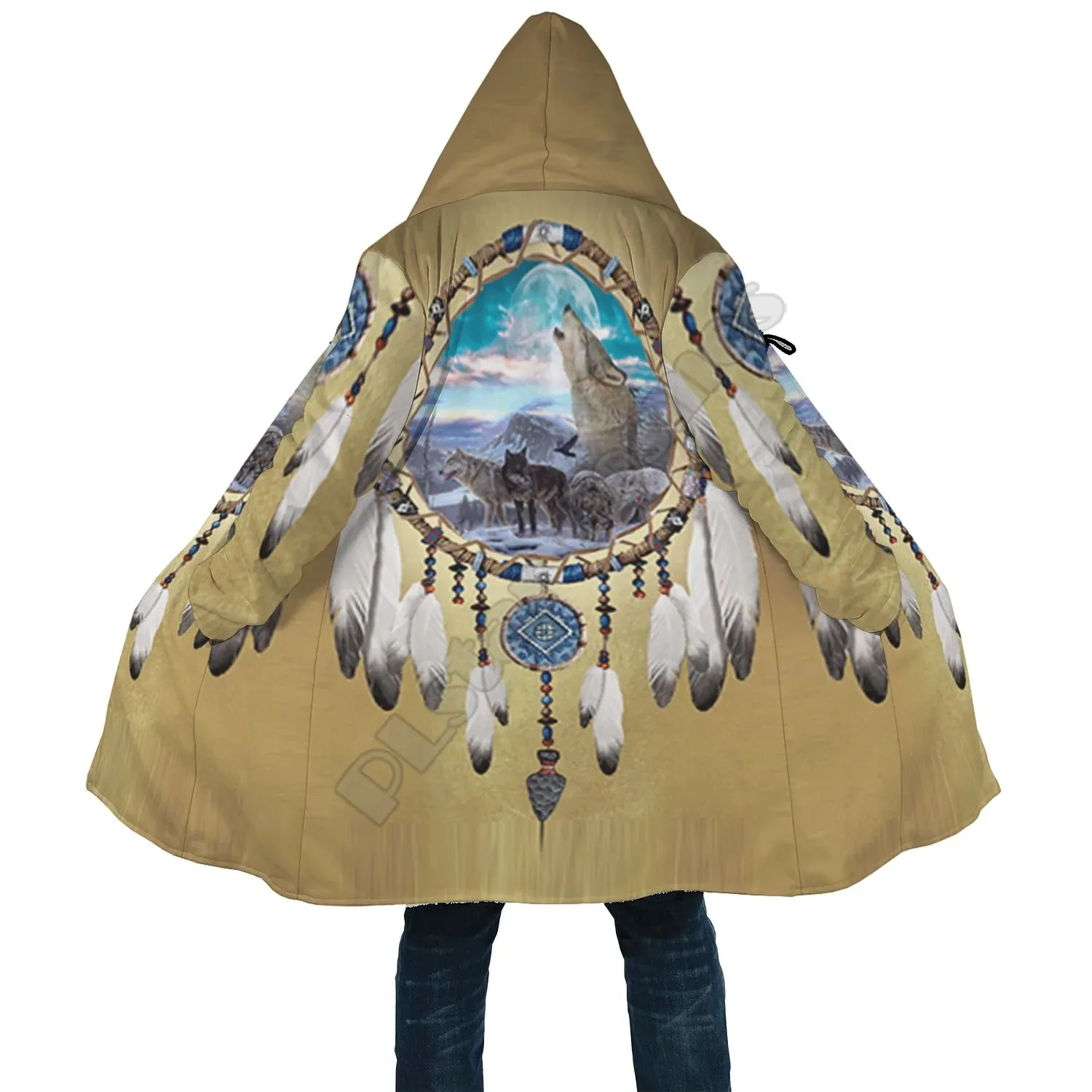 Southwest Symbol Native American Cloak 3D Printed Winter Hooded Cloaks Fleece Wind Breaker Unisex Warm Overcoat