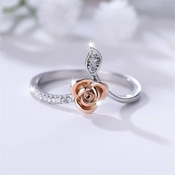 Delicate Small Rose Flower Promise Engagement Rings For Women Two Tone Rose Gold Silver Color White Zircon Stacking Wedding Band
