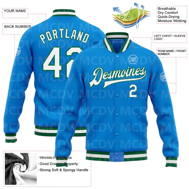 Custom Electric Blue White-Kelly Green Bomber Full-Snap Varsity Letterman Jacket