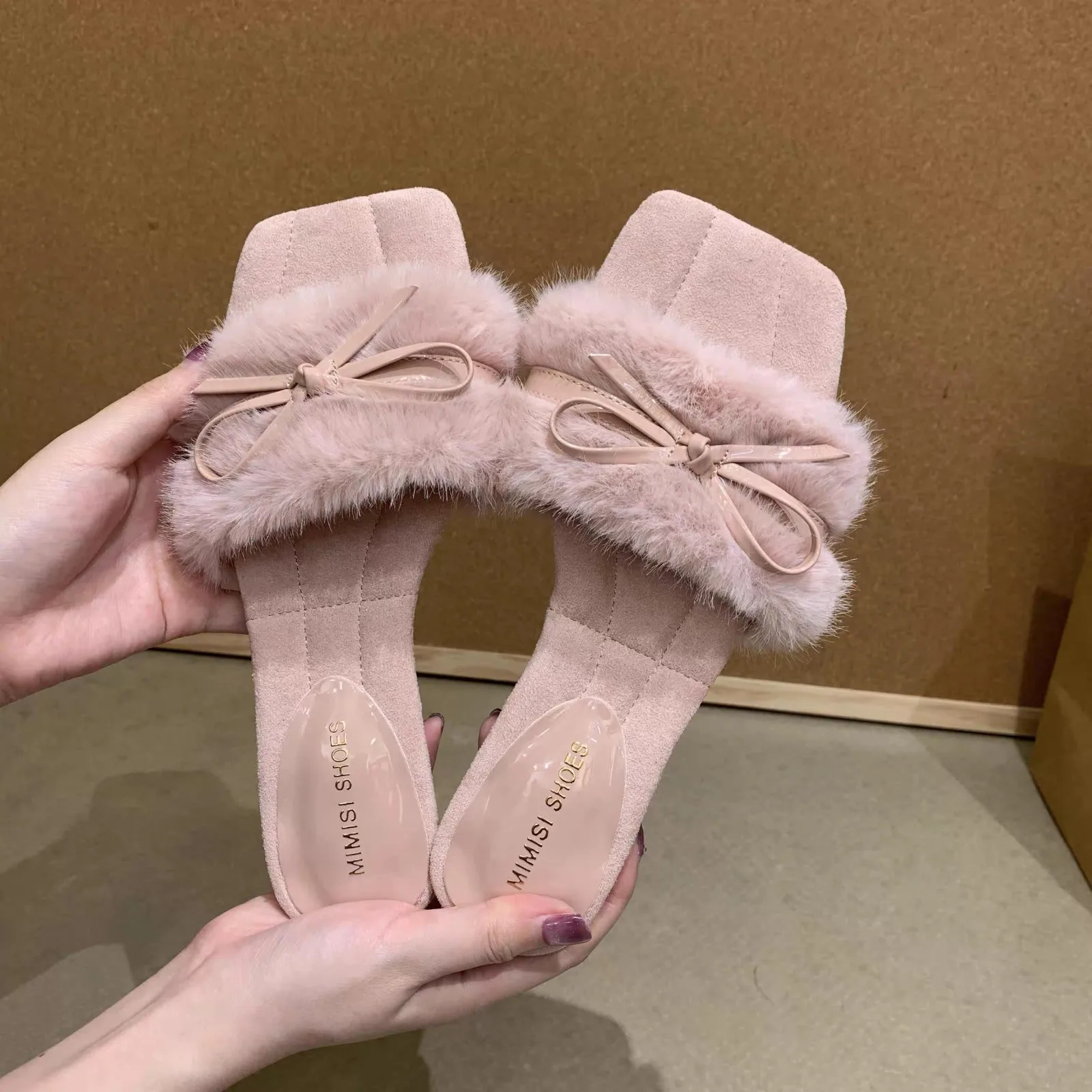 Aphixta Sweet Pink Butterfly Design Women Fashion Slippers Soft Fur Square Toe Flannel Slides Outside Low Heel Purple Shoes