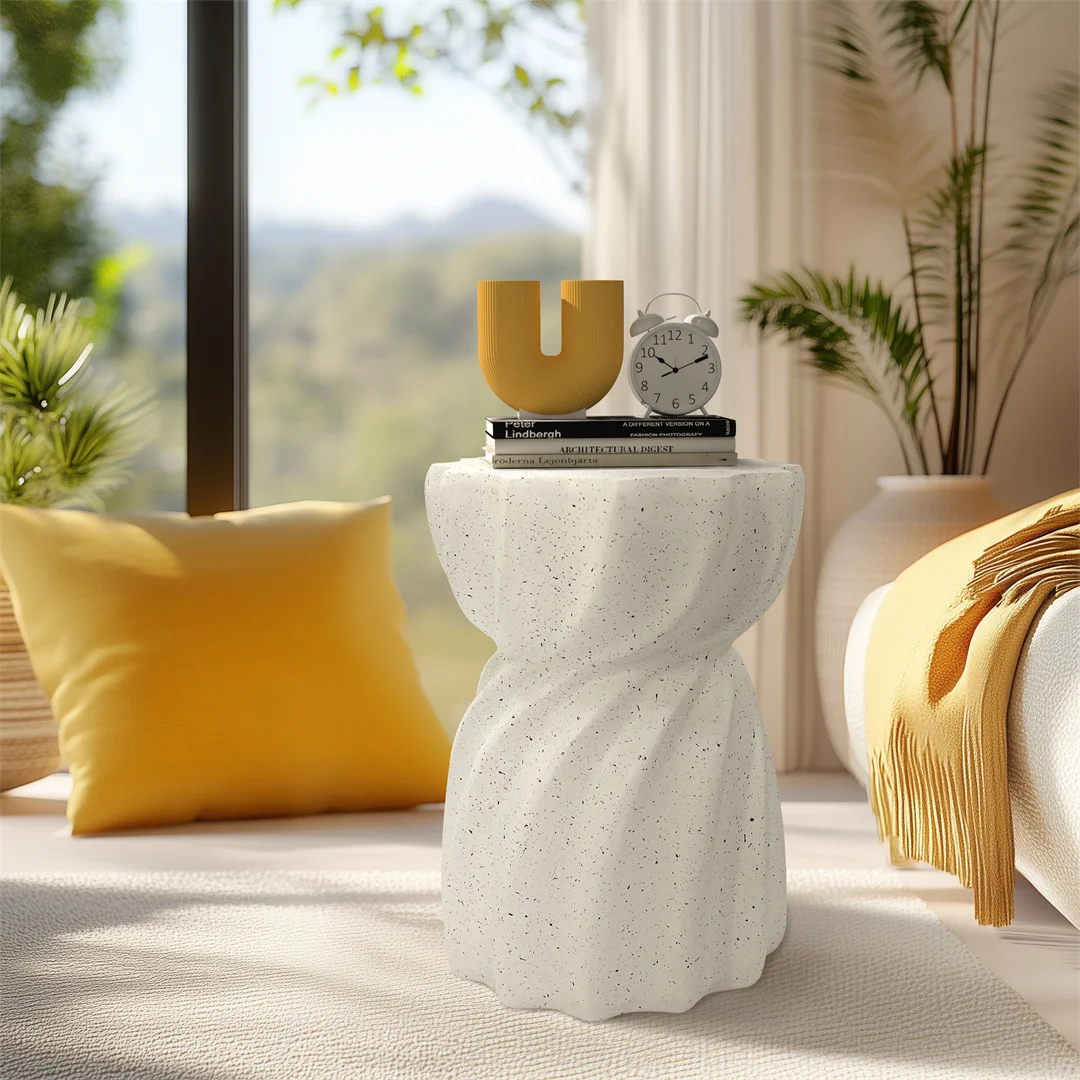 Contemporary Lightweight Concrete Accent Side Table Graphite-Like White for Patio Living Room Garden Hourglass Design