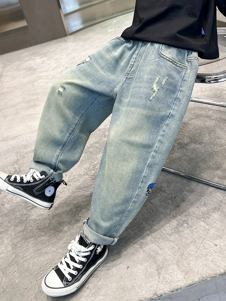 소년 자수 데님 청바지 봄 가을 캐주얼 루즈핏 패션 홀 팬츠 중대형 아동 아빠 바지 와이드 레그 밴딩 팬츠