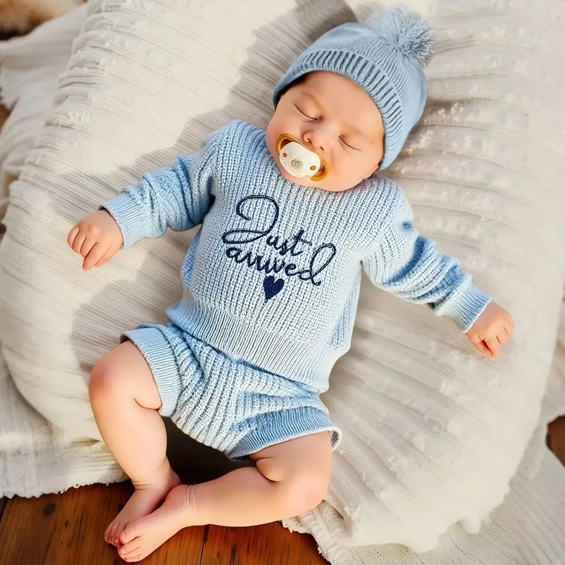 Ensemble de 3 pièces en tricot pour nouveau-né garçon et fille, tenues de photographie avec bonnet à pompon assorti, couvre-couche pour bébé, broderie Hello World, tricot