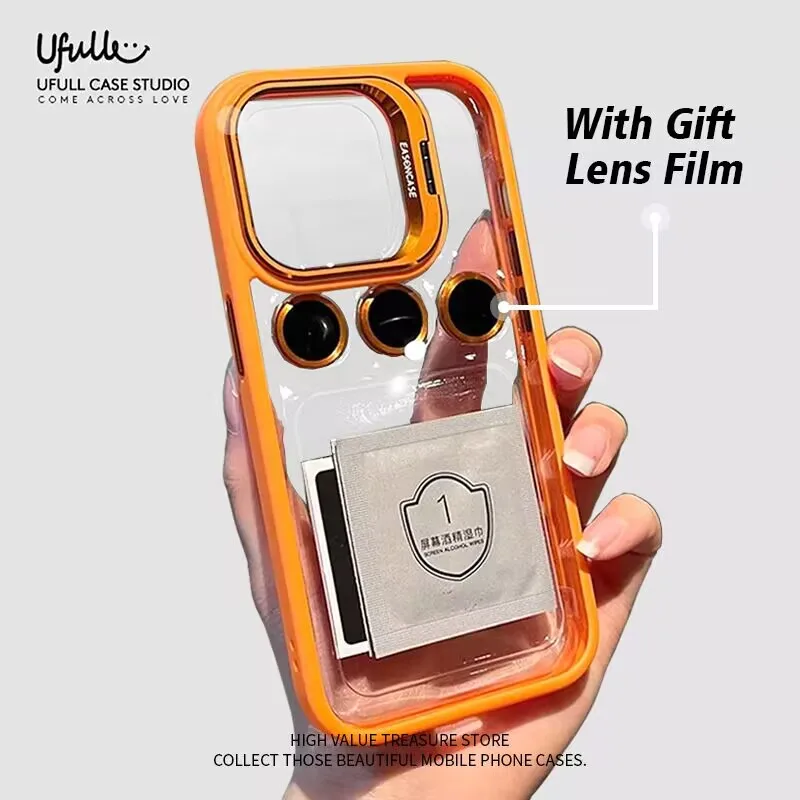 

Camera Lens Stand Cover Transparent Shockproof Phone Shell For iPhone 11 12 13 14 15 Pro Max Plus Lens Metal Ring Protector Case