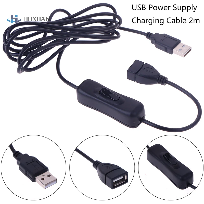USB 케이블 수-암 스위치 온 오프 케이블 토글 LED 램프 전력선 2m, 1PC
