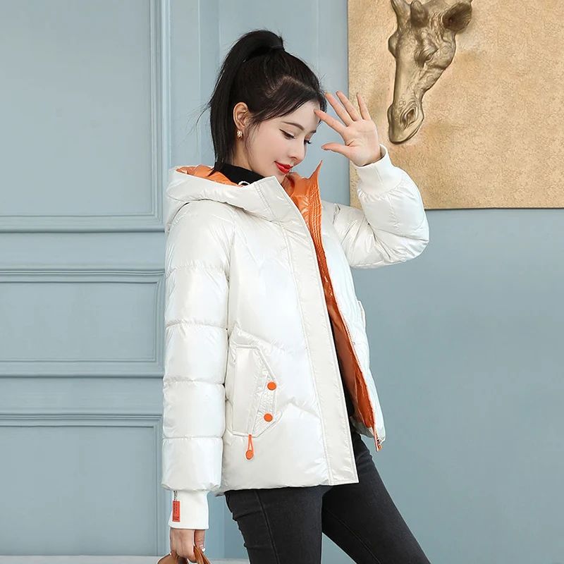 

Korean Glossy Long Sleeve Bread Jacket Loose Hooded Cotton Padded Thicken Short Parkas Snow Wear Warm Windproof Winter Coat