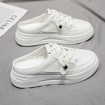 2023 Women Shoes Canvas Tenis Casual Half Slippers Flats Female White Mules Backless Sneakers Mesh Breathable Fashion Loafers 1