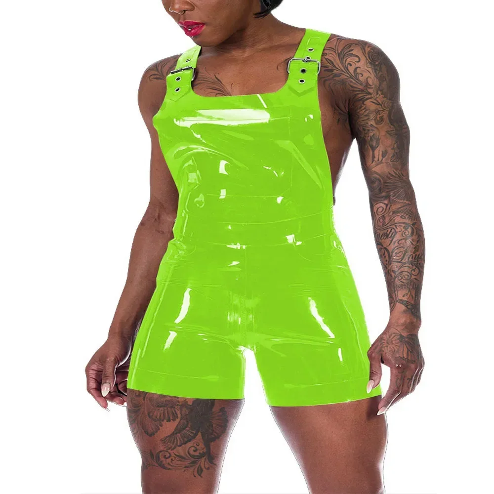 Plus Size Summer Women Patent Leather Overalls Adjustable Straps Faux Latex Romper Shorts Casual Vinyl Jumpsuit Streetwear 4
