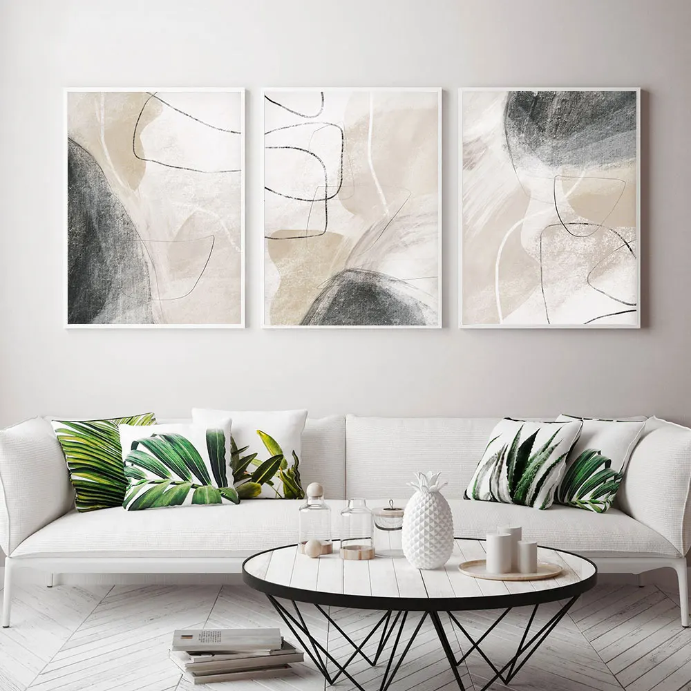 Pôsteres e cópias abstratas da lona da aguarela, arte minimalista moderna da parede, bege, preto, cinza retratos, decoração da sala