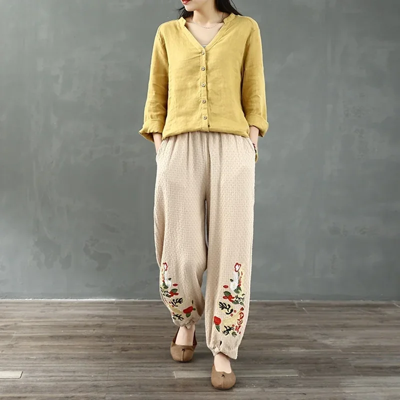 

Cotton Ethnic Pantalon Femme 2020 Women Autumn Spring Hippie Ankle-Length Flowers Embroidery Chinese Trousers Harem Pants 11808