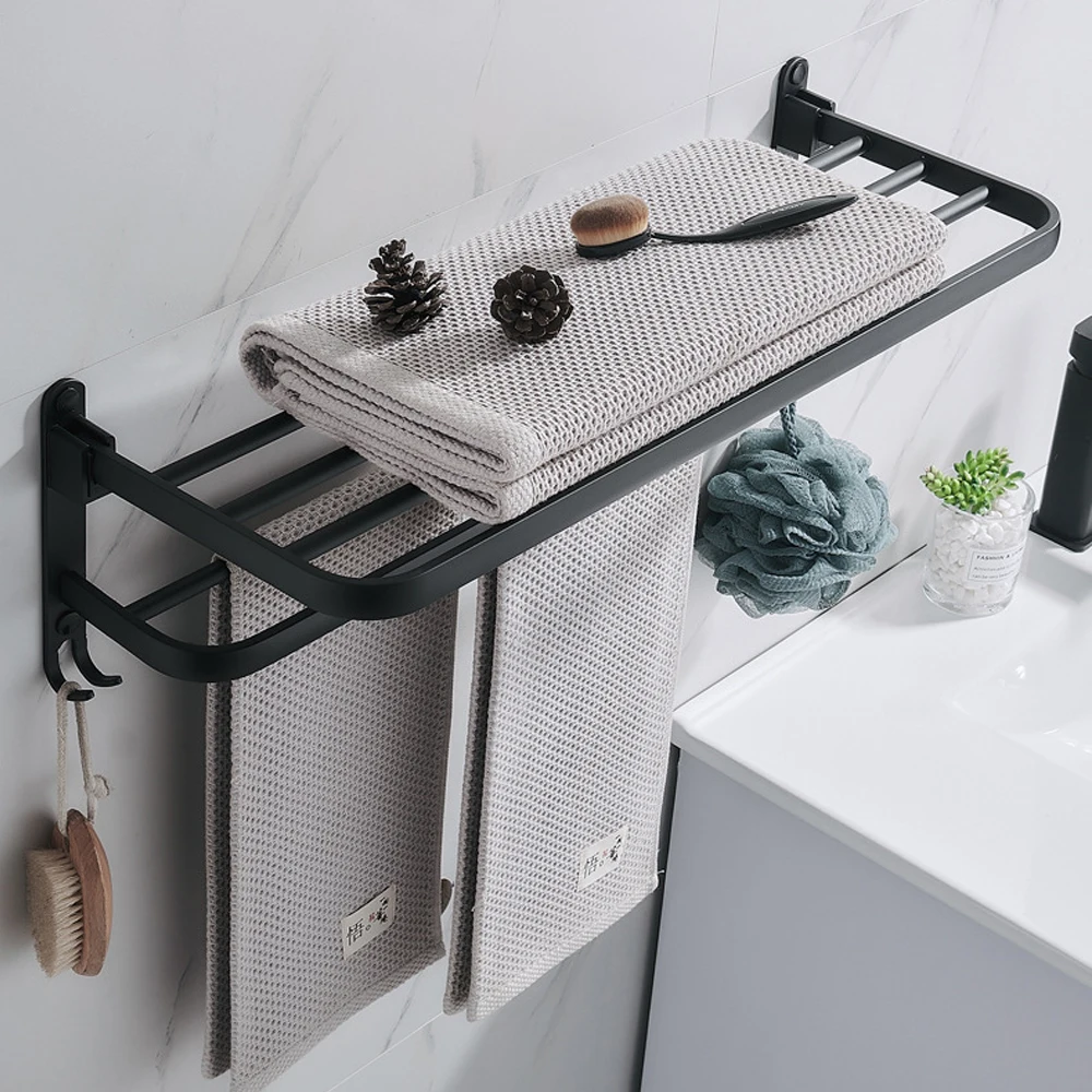 1PCS Black Towel Rack 40-50CM Movable Holder With Hook Wall Mount Shelf Aluminum Shower Bar Hanger Rail Bathroom Accessories