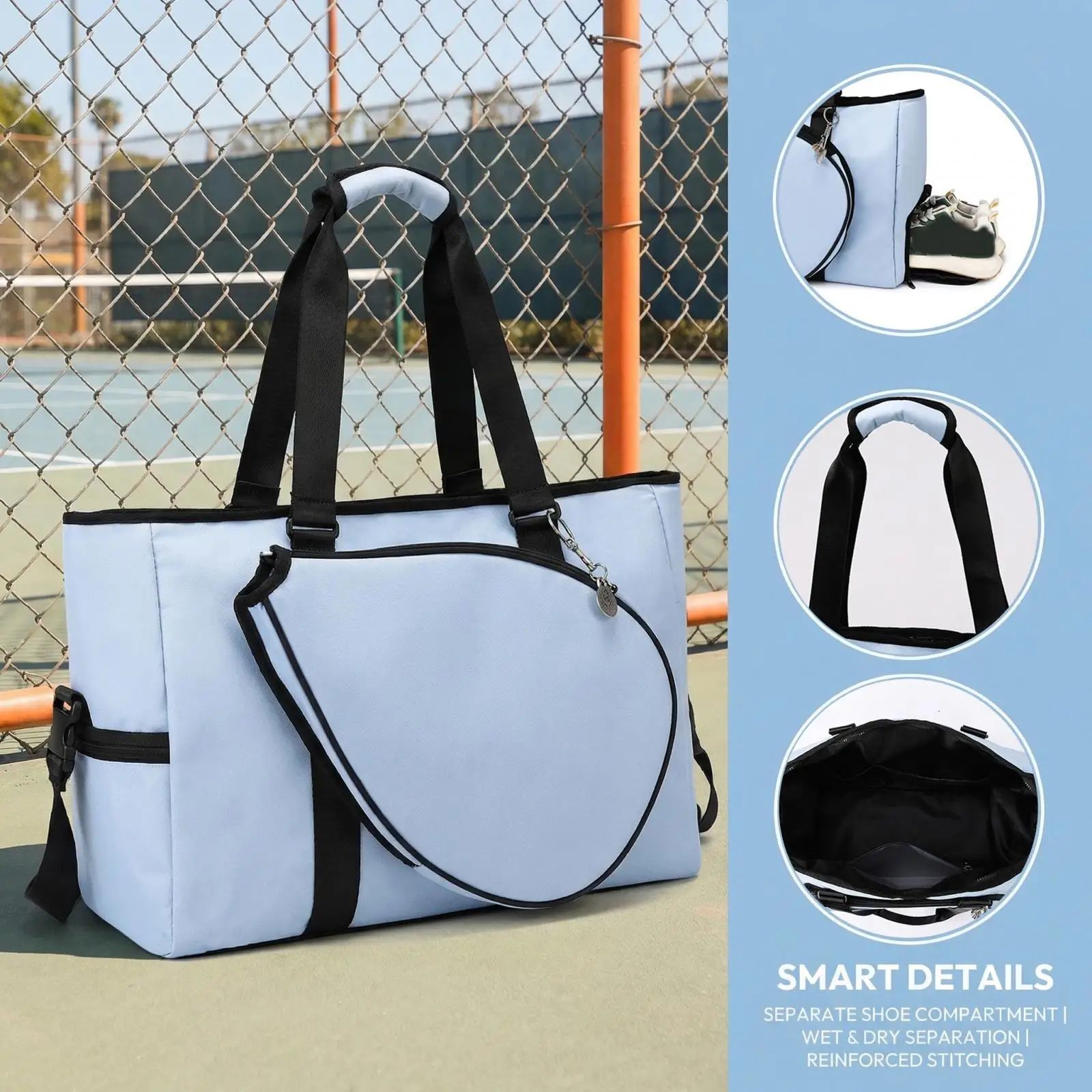 Badminton Racket Shoulder Bag with Zipper Large Capacity Tote Badminton Racquet Carry Bag for Men Women with Shoe Compartment