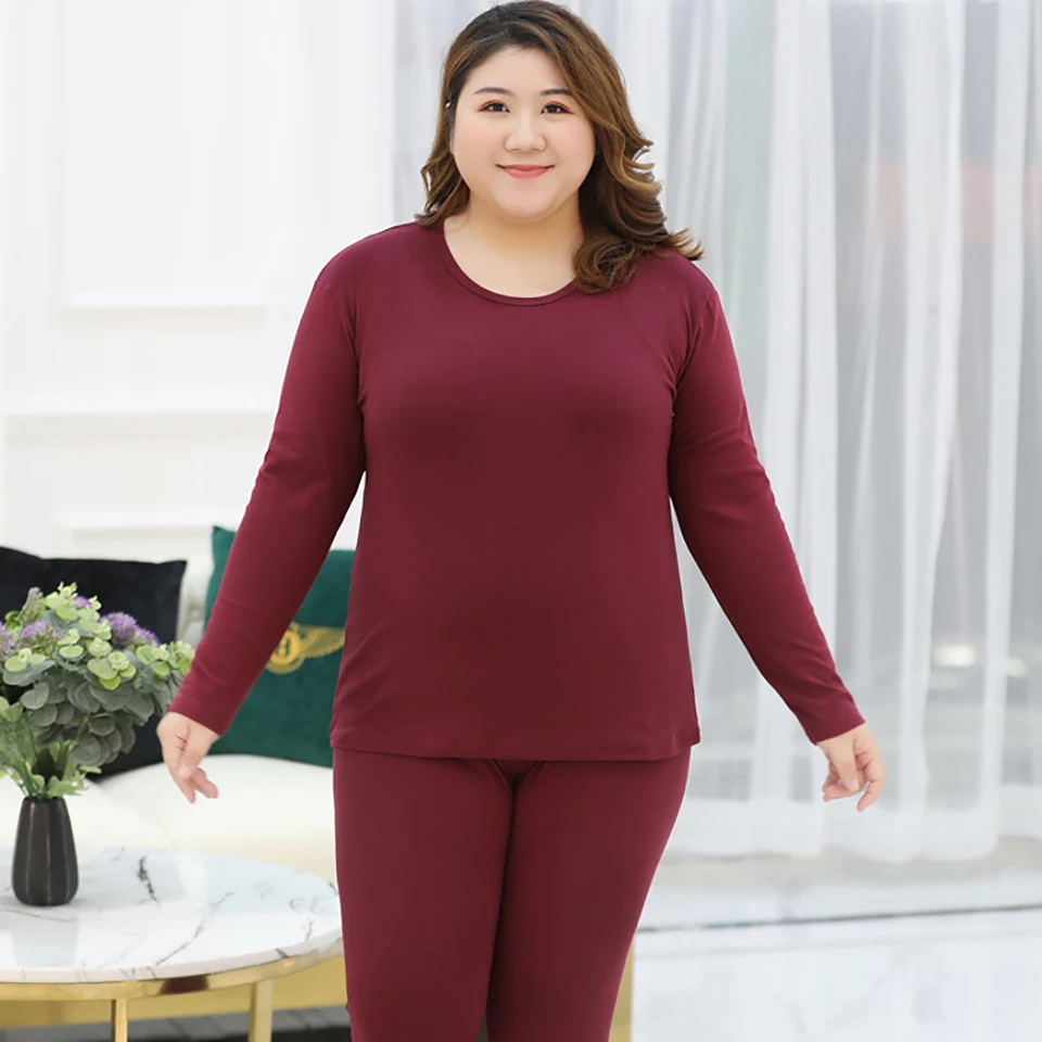 Plus Size Thermal Set Women Long Johns Set Solid Warm Thermal Underwear Thermo Long Sleeve Pants Pajamas Winter Home Clothes