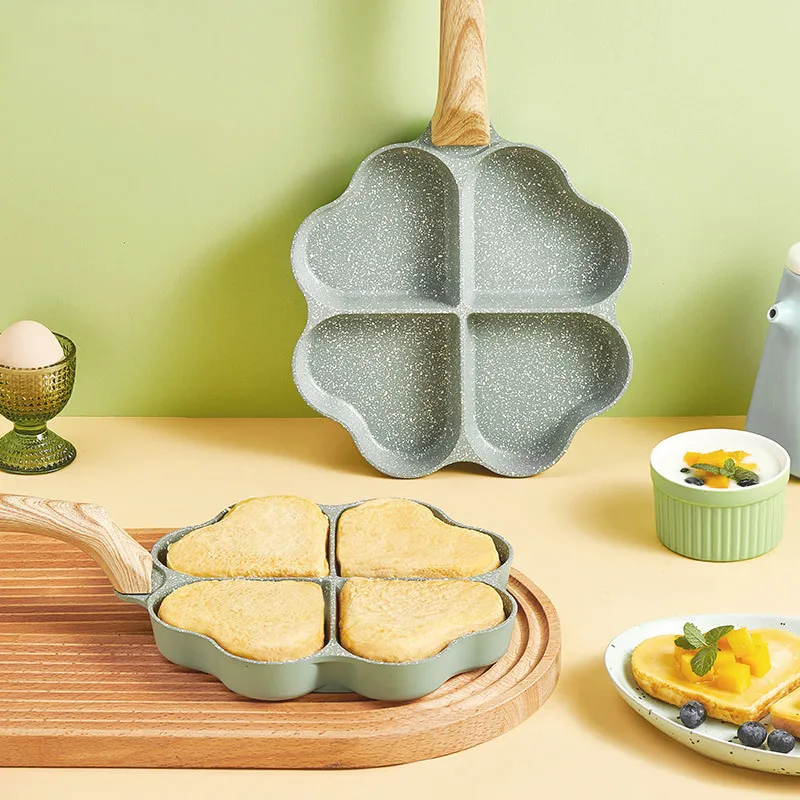 

4 Holes Frying Pan Aluminum Heart Green Non-stick Omelet Egg Pancake Pot Thickened Home Kitchen Cooking Ham Breakfast Cookware