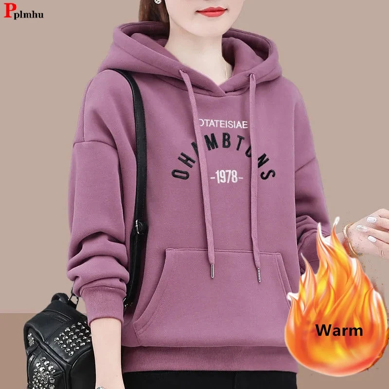 Loose Thicken Hoodies Warm Winter Sweatshirt Oversize 80kg Embroidery Long Sleeve Tops Snow Wear Casual Woman Hooded New