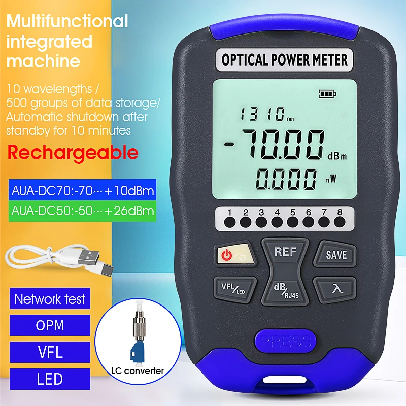 

AUA-DC70 Optical Power Meter -70~+10dBm 4 in 1 Multifunction Fiber Network Cable Tester Visual Fault Locator1-50MW (optional)