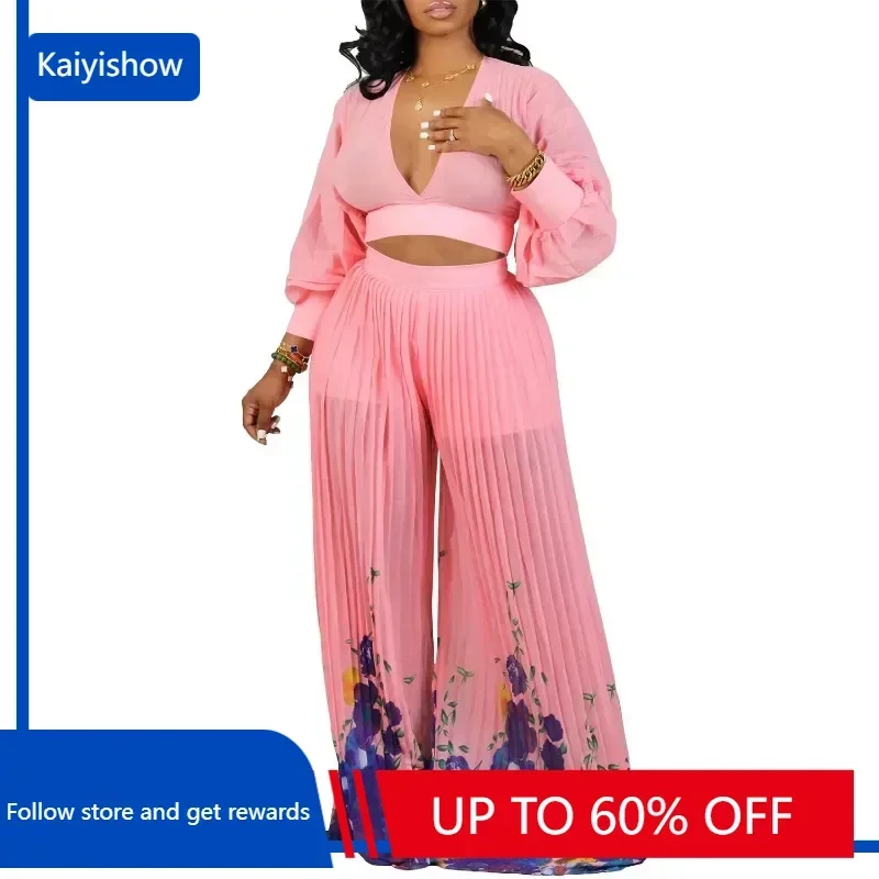 

Summer African Women V-neck Printing Long Sleeve Two Pieces Sets Top and Long Pant African Women Pleated Suit Womens Outfits