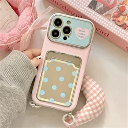 Chic Polka Dot Phone Case with Card Slot & Lanyard - Kawaii Shockproof Aesthetic Cover - iPhone 16 Pro (Pink DGS)