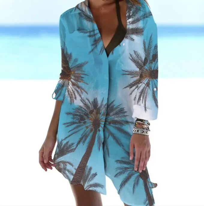 

Coconut print lazy design, fashionable and comfortable top for women 2024 new loose mid length shirt, casual long sleeved
