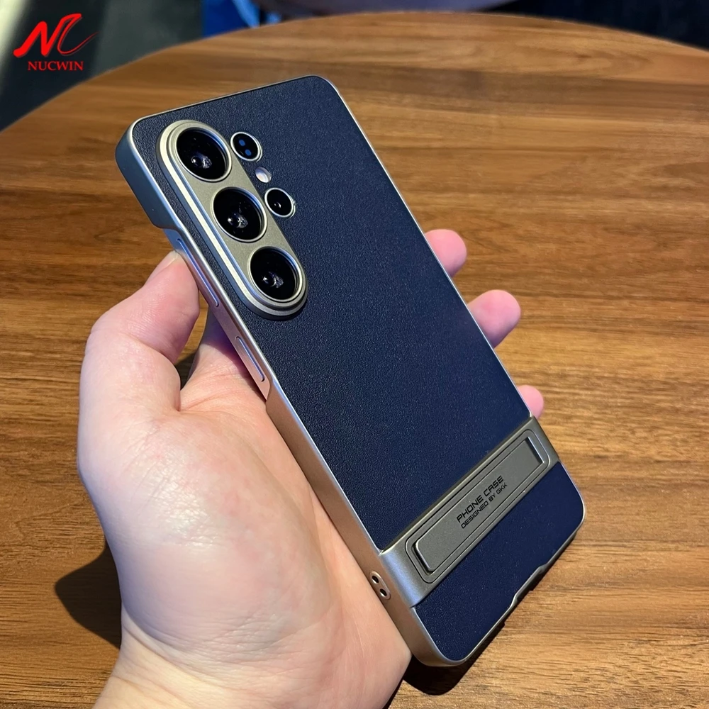 Business Lichee Leather Matte Phone Case with Invisible Stand and Plating Finish