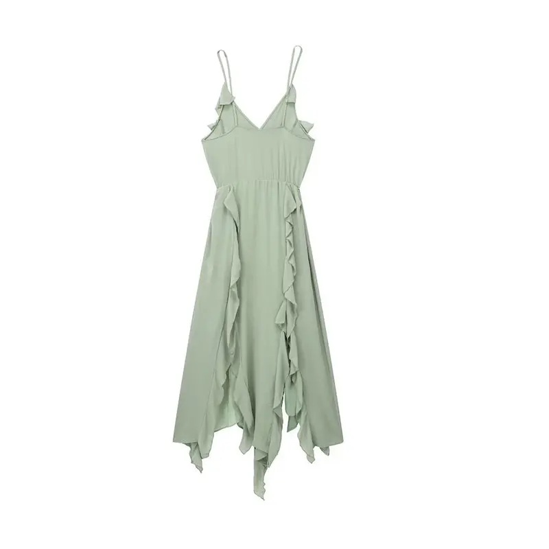 Sexy Green Asymmetric Ruffle Female Dress Fashion V Neck Sleeveless Backless Sling Dresses 2023 Summer Women High Street Vestido