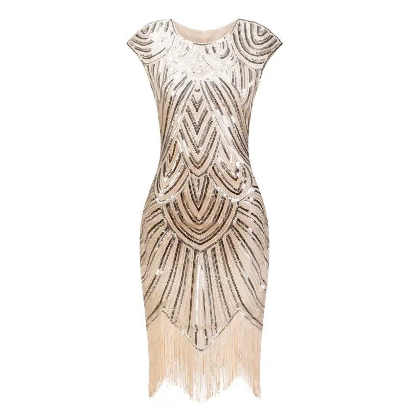 

1920s Flapper Dress Great Gatsby Dress O-Neck Cap Sleeve Sequin Fringe Party Midi Dress Vestido Summer Women Dress Xxxl PlusSize