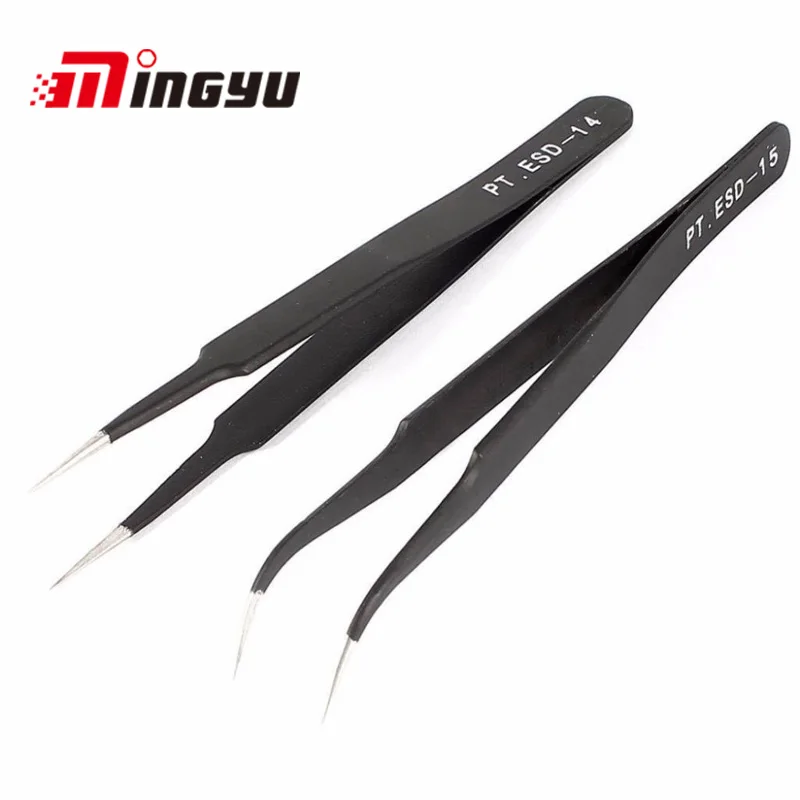 2PCS ESD-14 ESD-15 Anti-static Curved Straight Tip Forceps Precision Soldering Tweezers Set Electronic ESD Tweezers Tool