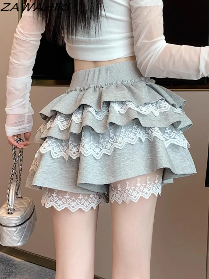 

Y2k Skirt Lace Patchwork Contrast Color Spring Fall Temperament High Waist A-line Ruffles Fashion All Match Chic Short Faldas