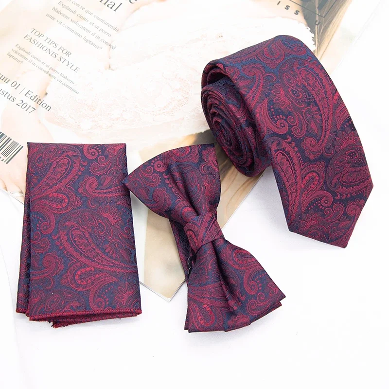 New Paisley Men's Casual Bowtie Tie Set 6cm Skinny Polyester Necktie Pocket Square Suit Designer Business Wedding Party Slim Tie