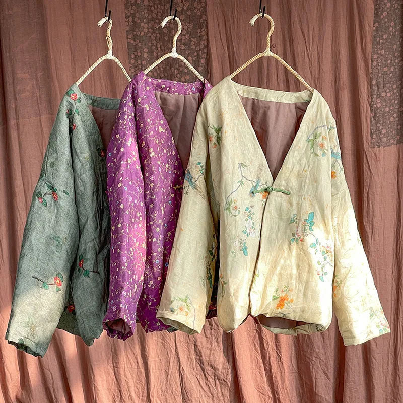 Linen Chinese Handmade Panbuttoned Literary Cotton Shirt Retro Cotton Linen Cotton Shirt Short Coat Cotton Jacket for Women