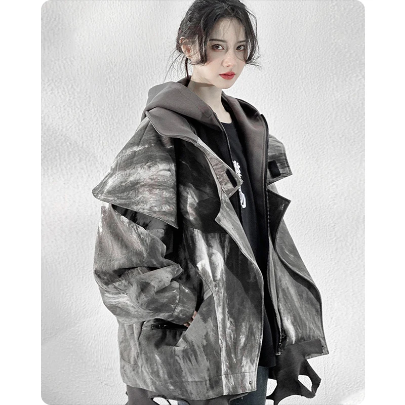 Unisex High Street Functional Cargo Jacket Techwear Fake two-piece Tactical Windbreaker Coats Streetwear Men's clothing Oversize 2