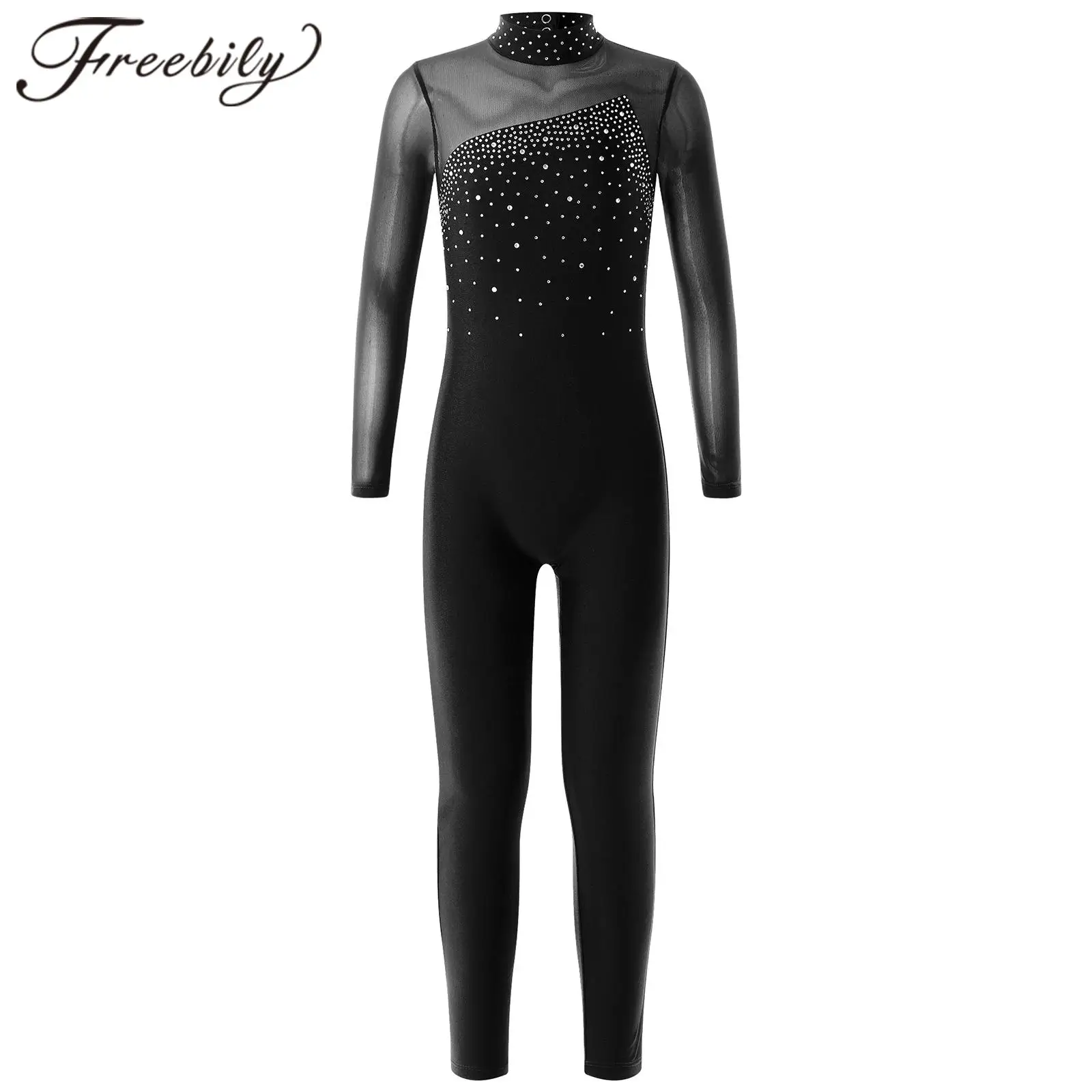 

Teens Gymnastics Jumpsuits Kids Shiny Rhinestone Ice Skating Bodysuit for Girls Children Long Sleeve Ballet Dance Leotards