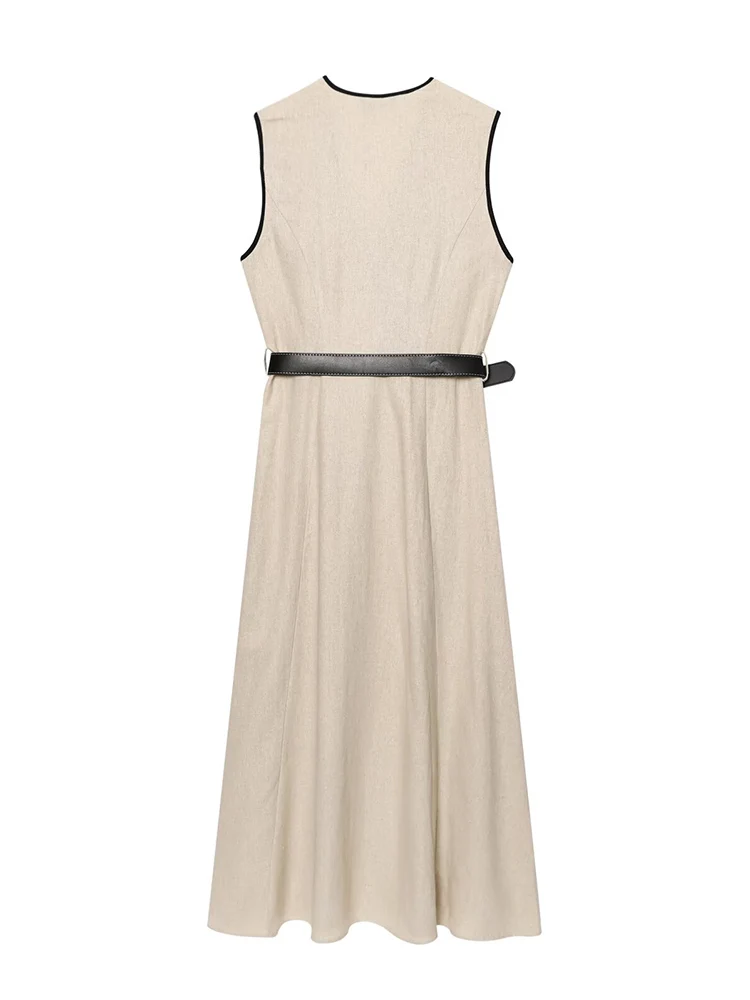 TFMLN 2025 New Women's Belt Midi Dress Fashion V-Neck Sleeveless Female Chic Vintage Summer Dresses Elegant OL Streetwear