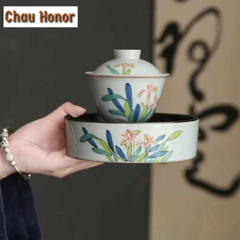 Underglaze Color Hand-painted Iris Flower Pot Handmade Saucer Round Ceramic Tea Tray Water Storage Kung Fu Tea Set Accessories