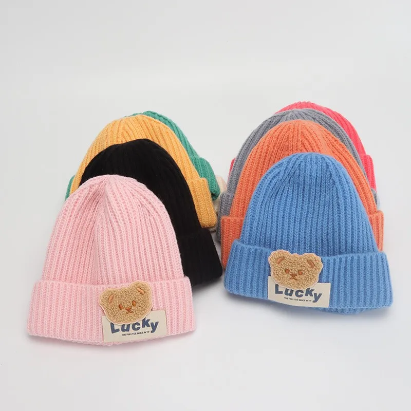 

Children Knitted Hat Cute Bear Simple Stripe Solid Color Soft Baby Beani Winter Hats For Children baby Girls Boys Keep Warm Kids