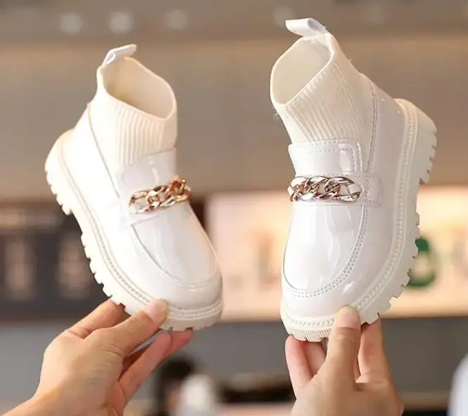 Girls Leather Boots Metal Chains Flying Woven Stitching Princess Boots 2024 Fashion Socks Boots Kids Leather Soft Boots Children 4