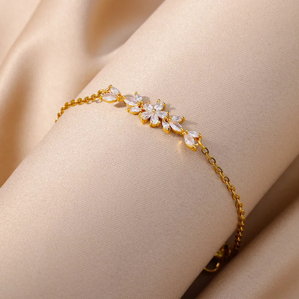 Elegante Zirkon Blumen Armband für Frauen Mädchen Charme Gold Farbe Edelstahl Pflanze Armbänder Luxus Designer Schmuck Geschenke