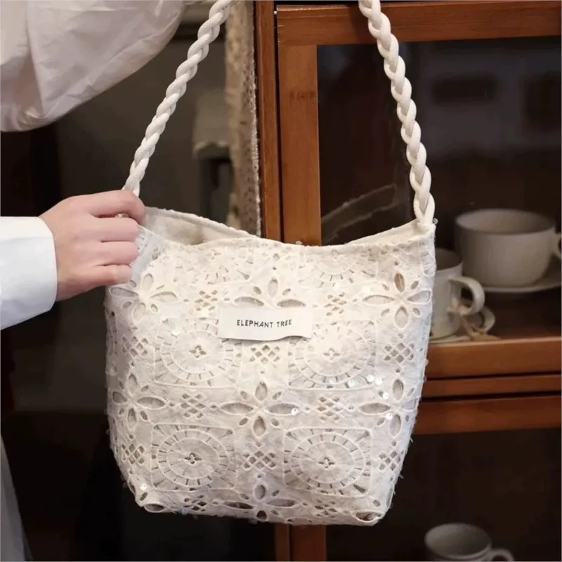 Fashion White Sequined Canvas Bag Women Lace Large Capacity Niche Shoulder Bags Ladies Stylish Versatile Hollow Out Handbag 2025