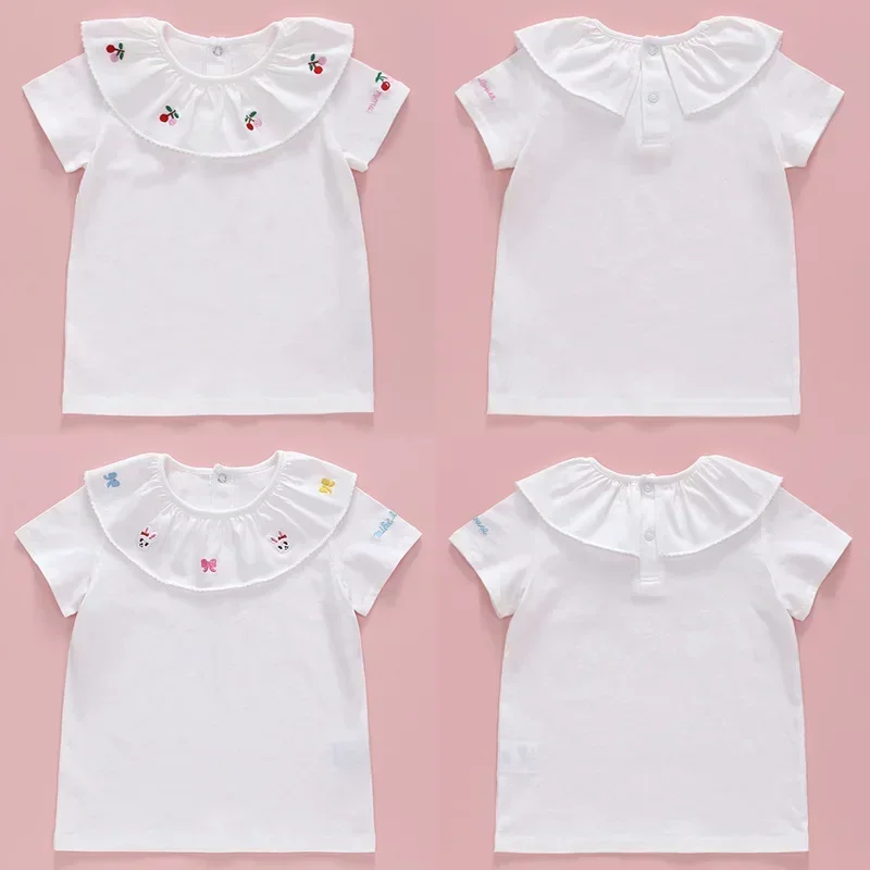 

Girls Clothes T Shirt The New Summer Bunny Cherry Letter Embroidered Lace Collar Short-sleeved Shirt Underneath