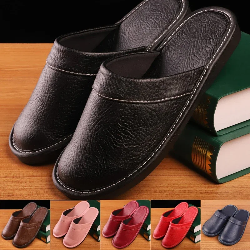 

2023 Breathable Leather Slippers Thermal Home Use Autumn Winter Men Women's Indoor Anti-skid Waterproof Upper Thick Sole Unisex