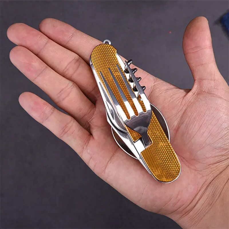 4-In-1 Stainless Steel Tableware Set Foldable Knife Spoon Fork Bottle Opener Outdoor Camping Fruit Knife Folding tableware set