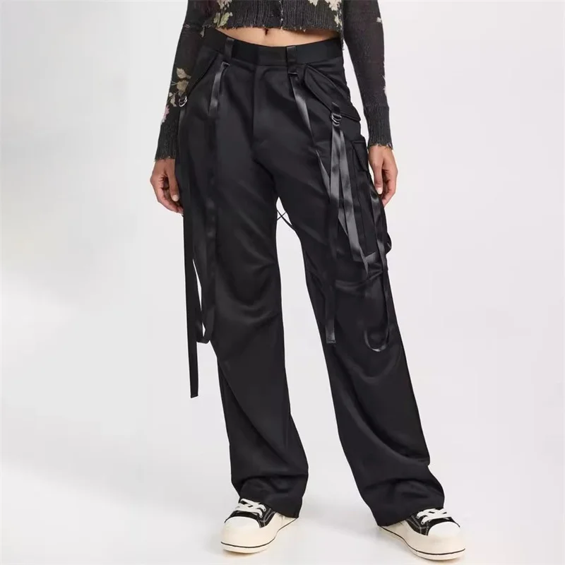 

Women's pants 2023 Autumn New Korean Fashion Ribbon Decorative Women's Cargo pants High quality satin low waisted wide leg pants
