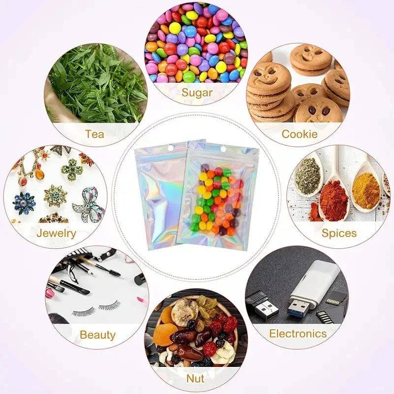 Holographic Mylar Bags 100pcs Holographic Resealable Mylar Bags Ziplock Candy Suger Tee Jewelry Beauty Storage Bag