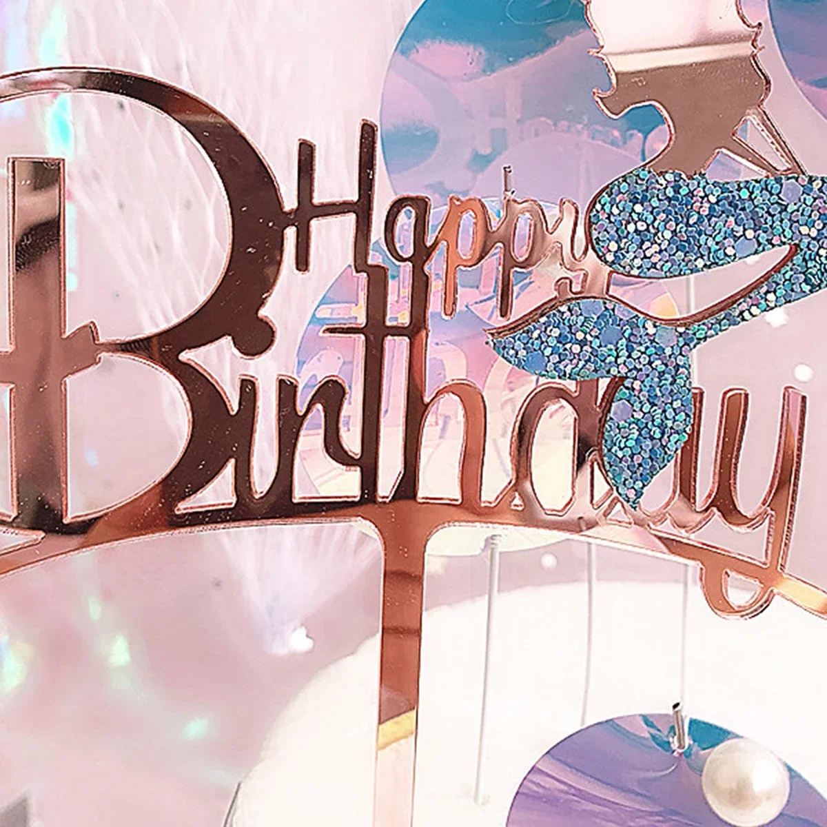 1pc Glitter Mermaid Happy Birthday Cake Mermaid Cake , Under The Sea Themed,  Birthday Party Supplies