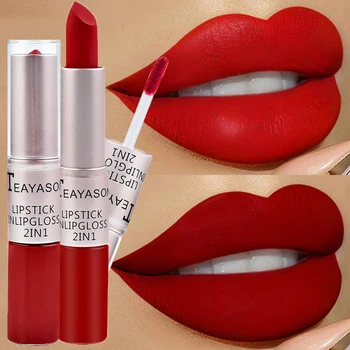 1Pc Long Lasting Velvet Matte Lipstick Double Head Lip Gloss Non-stick Cup Lip Gloss Waterproof 2 in 1 Matte Red Lipstick Makeup
